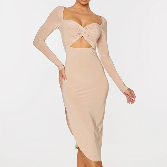PrettyLittleThing Dresses & Skirts - PrettyLittleThing Stone Slinky Twist Bust Cut Out Detail Midi Dress, NWT